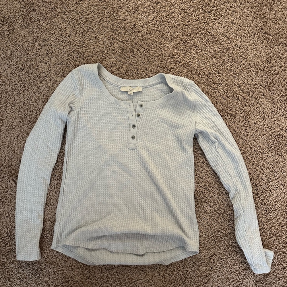 LOFT Gray Ribbed Long Sleeve Polo Blouse